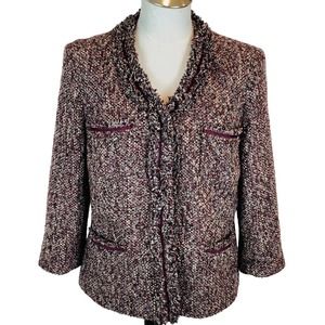 Talbots Tweed Fringe Blazer Burgundy Size 12P Petite. 3/4 Sleeveless. Pockets